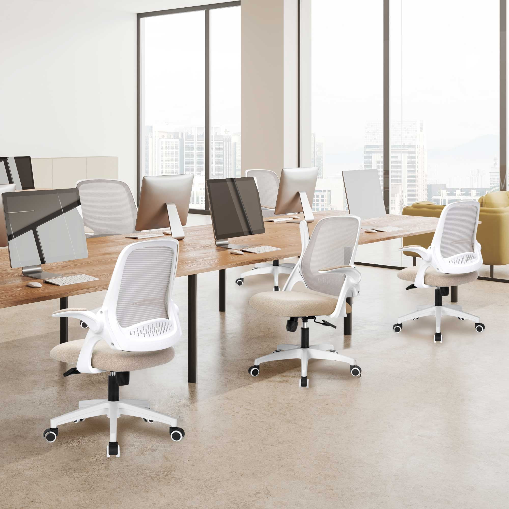 NEO CHAIR Office Desk Gaming Ergonomic Computer Chair with Lumbar Back Support Adjustable Height Swivel Rolling Wheels Flip-up Arms Mesh Chair for Home Vanity (Beige)