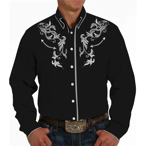 Camisa estilo occidental con estampado de flores, solapa, ropa de calle para exteriores, manga larga, estampado de botones, diseñador de moda tropical