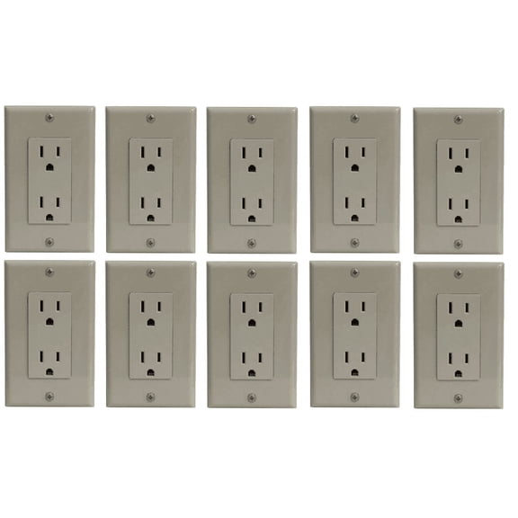 RiteAV 15A Electrical Duplex Receptacle Wall Outlet Plate 1 Gang Decorative - Gray - 10 Pack