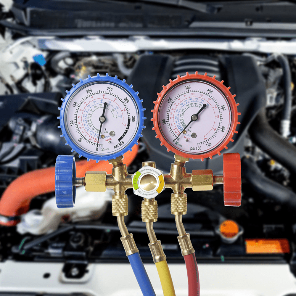AC Gauge Set, 3-Way AC Manifold Gauge Set for R134A, R22, R12, R502 Refrigerants – Freon Gauges Include 3.28 ft Hoses, Couplers, and Can Tap for Car Auto Freon Charging and Evacuation