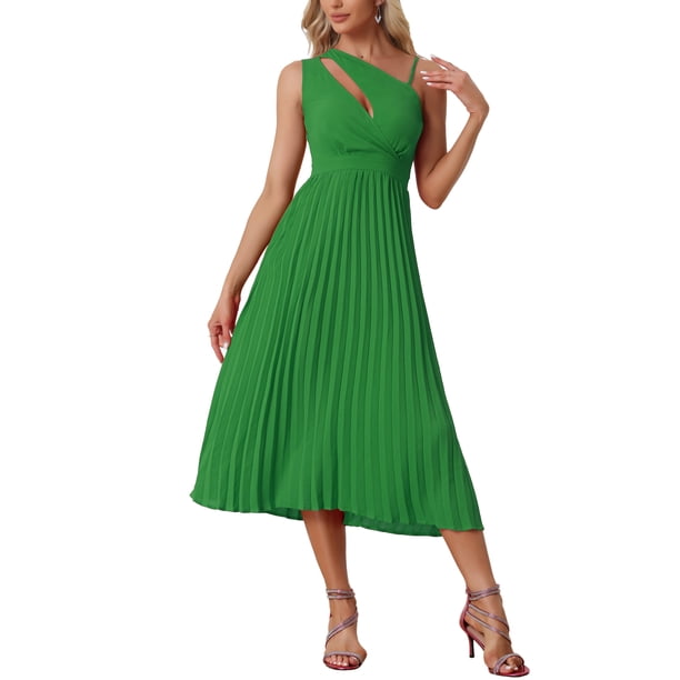 INSPIRAR CHIC Vestido midi de verano plisado para mujer, un hombro, sin mangas, con cintura ceñida, vestido de cóctel, verde S