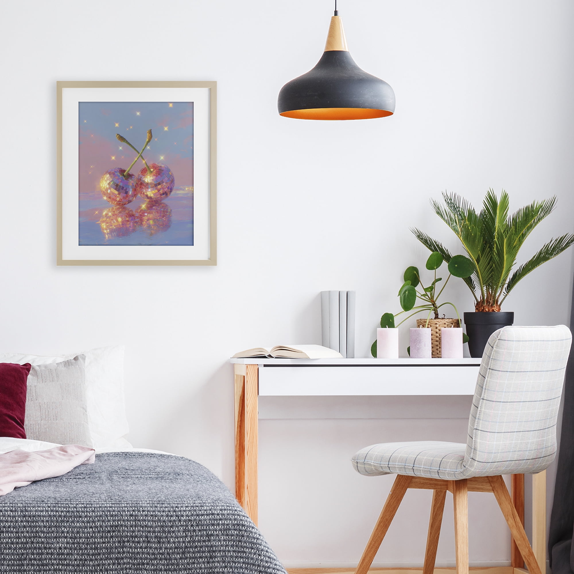 Disco Cherry Reflection Birch Framed Print Under Glass, design by Ziwei Li