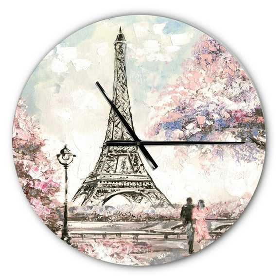 Designart 'Eiffel with Pink Flowers ' Modern wall clock