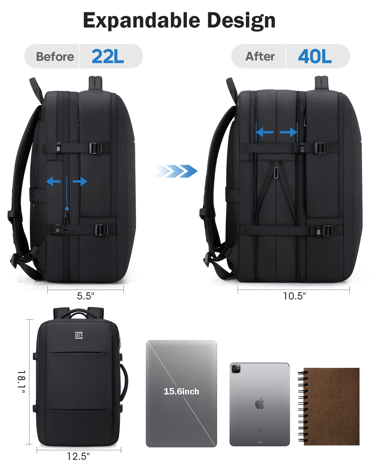 UKEIN Travel Backpack with USB Charging Port 40L Expandable 17 Inch Carry On Backpack Water-resistant Work Business Laptop Backpack for Men