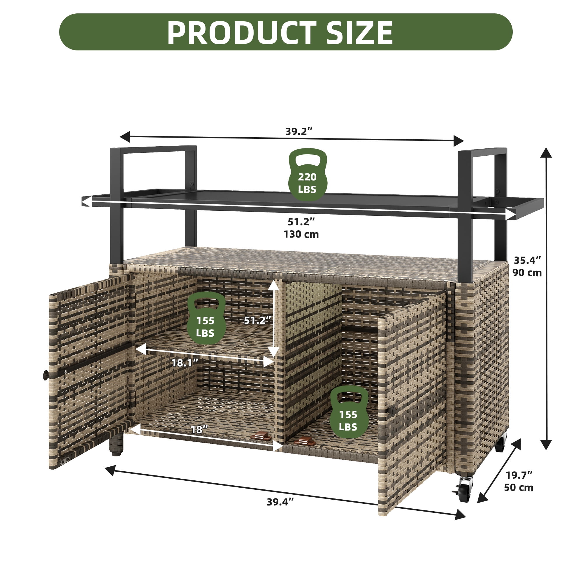 Uforic XL Gray Outdoor Storage Cabinet with Grill Cart, Wheels & Black Glass Table Top for Patio Kitchen