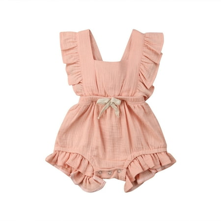 

Raruxxin Newborn Baby Girls Summer Ruffles Romper Fly Sleeve Lace Up Bow Jumpsuits Cotton Sleeveless Casual Overalls Bodysuit