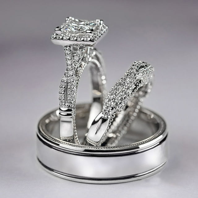 Anillos de pareja con dijes para hombre, diamantes de imitación de acero inoxidable, circón, conjunto de alianzas de boda para mujer, joyería para el Día de San Valentín