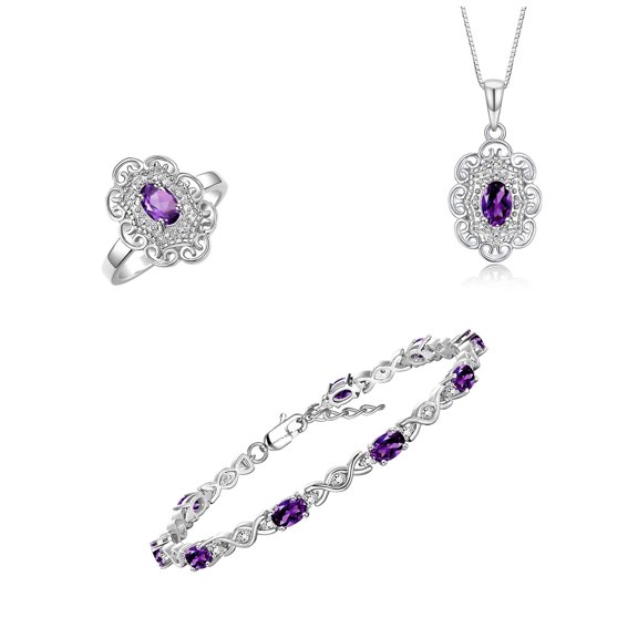 RYLOS Matching Jewelry Hugs & Kisses Infinity Set: Sterling Silver Tennis Bracelet, Ring & Necklace. Gemstone & Diamonds, Adjustable 7"-8" Wrist & 18" Chain. Amethyst February Birthstone; Size 5