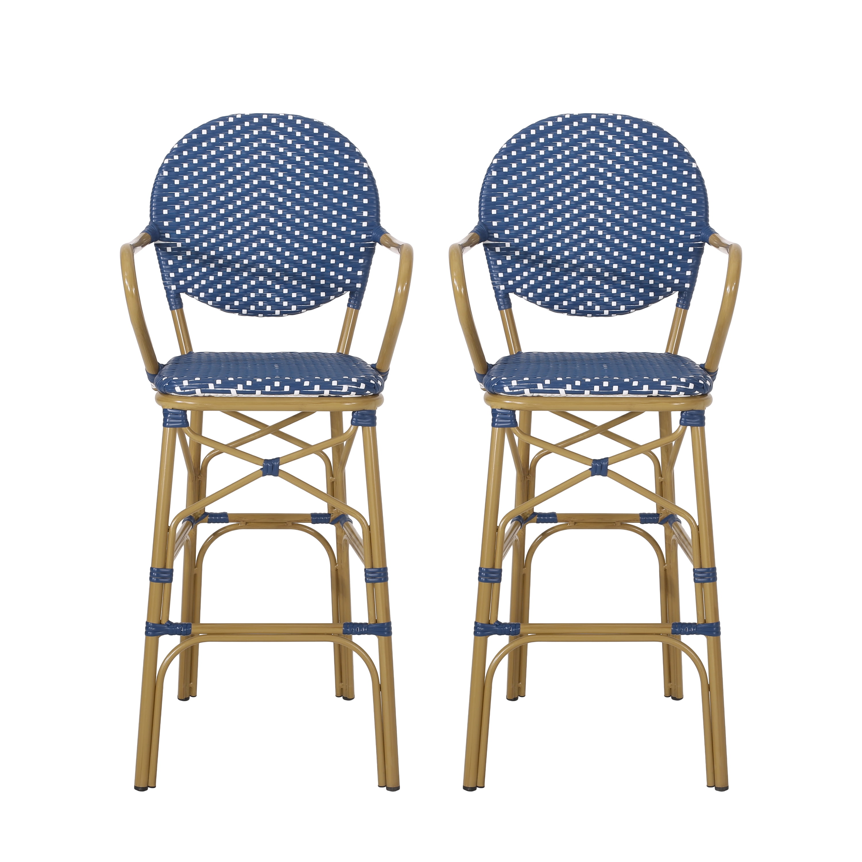 Outdoor Height Bar Stool Set of 2 29.5 Inch, Wicker and Aluminum Combined Frame for Patio Bar, Navy Blue and Bamboo