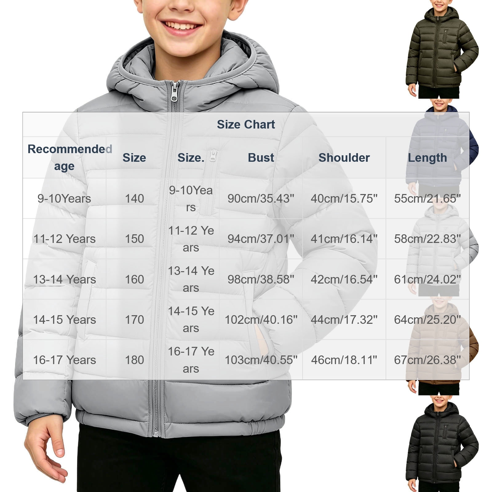 Jalioing Big Boys Winter Puffer Jacket Lightweight Long Sleeve Zipper Puffy Coat Solid Color Thermal Outerwear for Teen