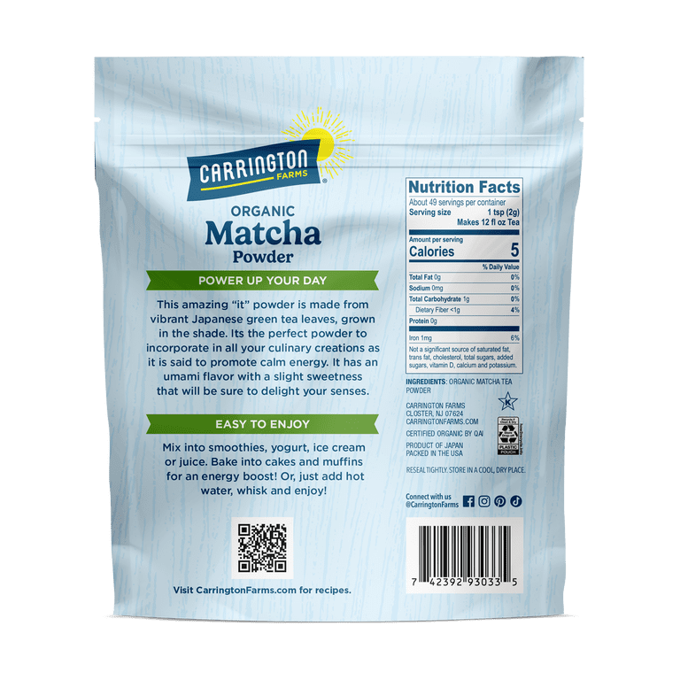Carrington Farms, Organic Matcha Green Tea Powder, 3.5oz - Walmart.com