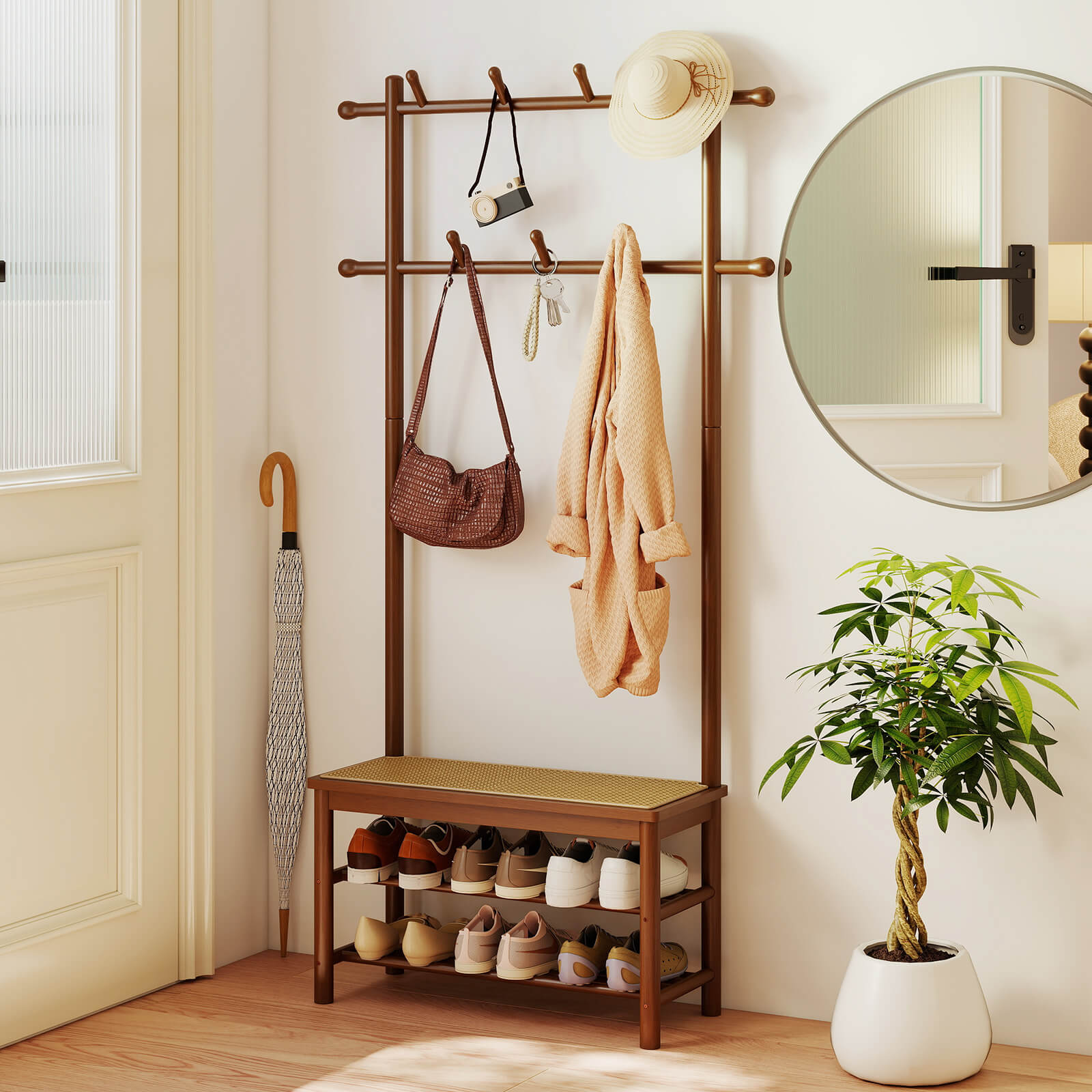 Costway Bamboo Coat Rack with Bench Shoe Storage 2 Hanging Rods 11 Hanging Hooks Shelves Brown