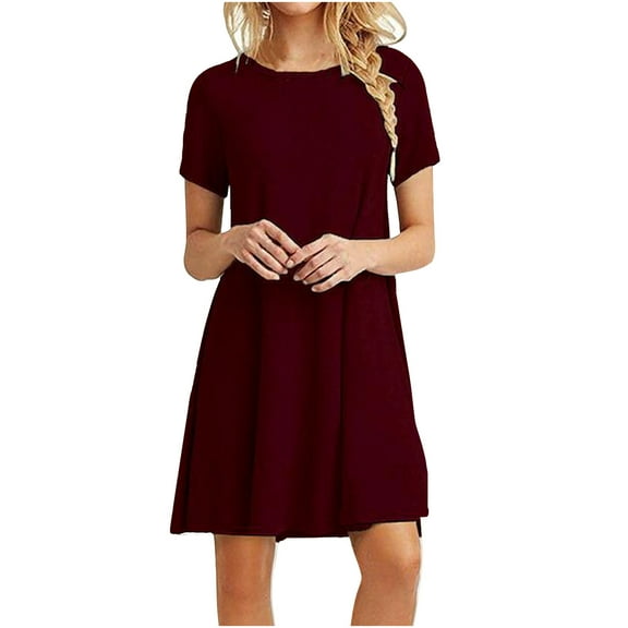 New Year Savings! Zpanxa Dresses for Women Fashion Women Casual Short Sleeve O-Neck Solid Ladies Loose Mini Dress Womens Dresses Wine Dress M