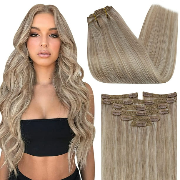 Sunny Clip in Hair Extensions Human Hair Blonde Highlihgts Bleach Blonde Remy  Hair Extensions 18inch 7pcs 120g 