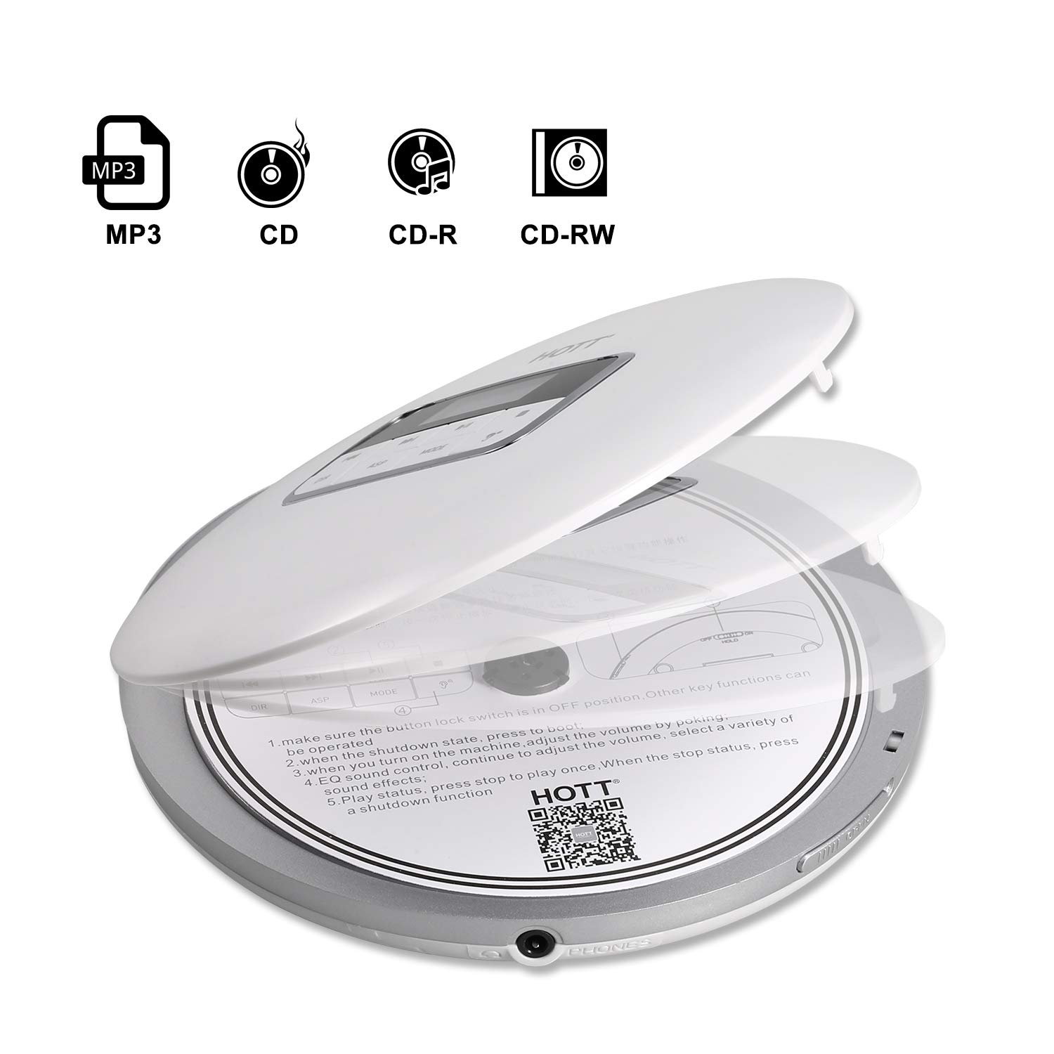 HOTT Portable CD Player Personal Compact Discman CD Player Small Walkman MP3 Disc Music CD Player (White) - image 3 of 7