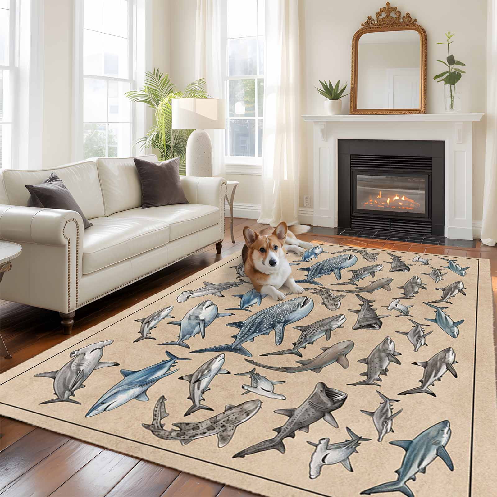 Large Area Rugs for Living Room Bedroom, Ocean Sharks 5'x8' Rug Washable Carpet Runner Indoor Outdoor, Vintage Coastal Underwater Animals Brown Non Slip Floor Mats Rug for Kitchen, Bathroom