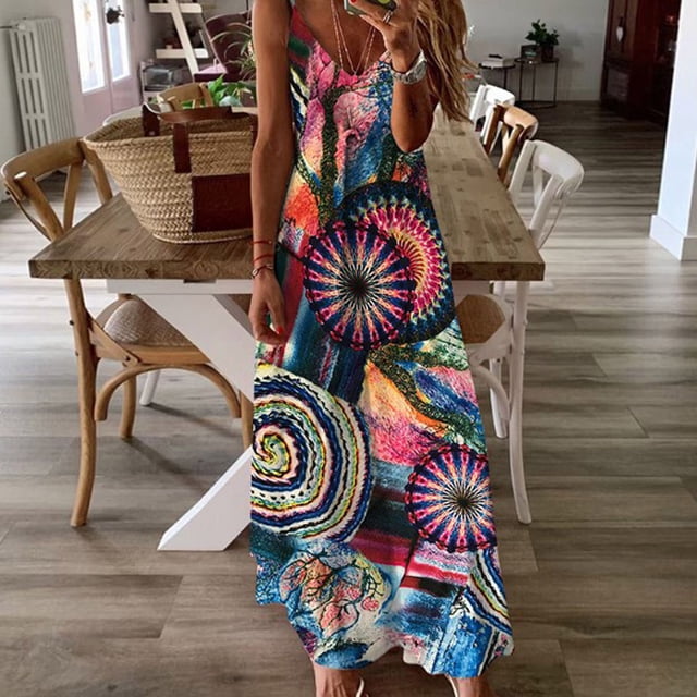Qiopertar Mode Femmes Été Robe Longue Décontractée Col en V Imprimée Ample Sans Manches Livraison Gratuite à Moins de 5$ jusqu'à 90 % de Réduction