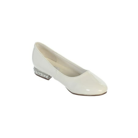 - Girls Ivory Glitter Rhinestone Jeweled Heel Patent Leather Flats
