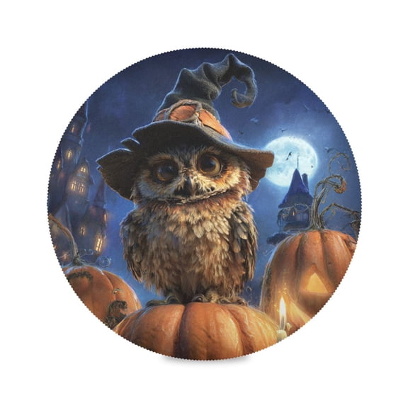 Round Placemats Set of 1 Heat Resistant Washable Kitchen Table Decorations 15.4in Halloween Pumpkins and Owl