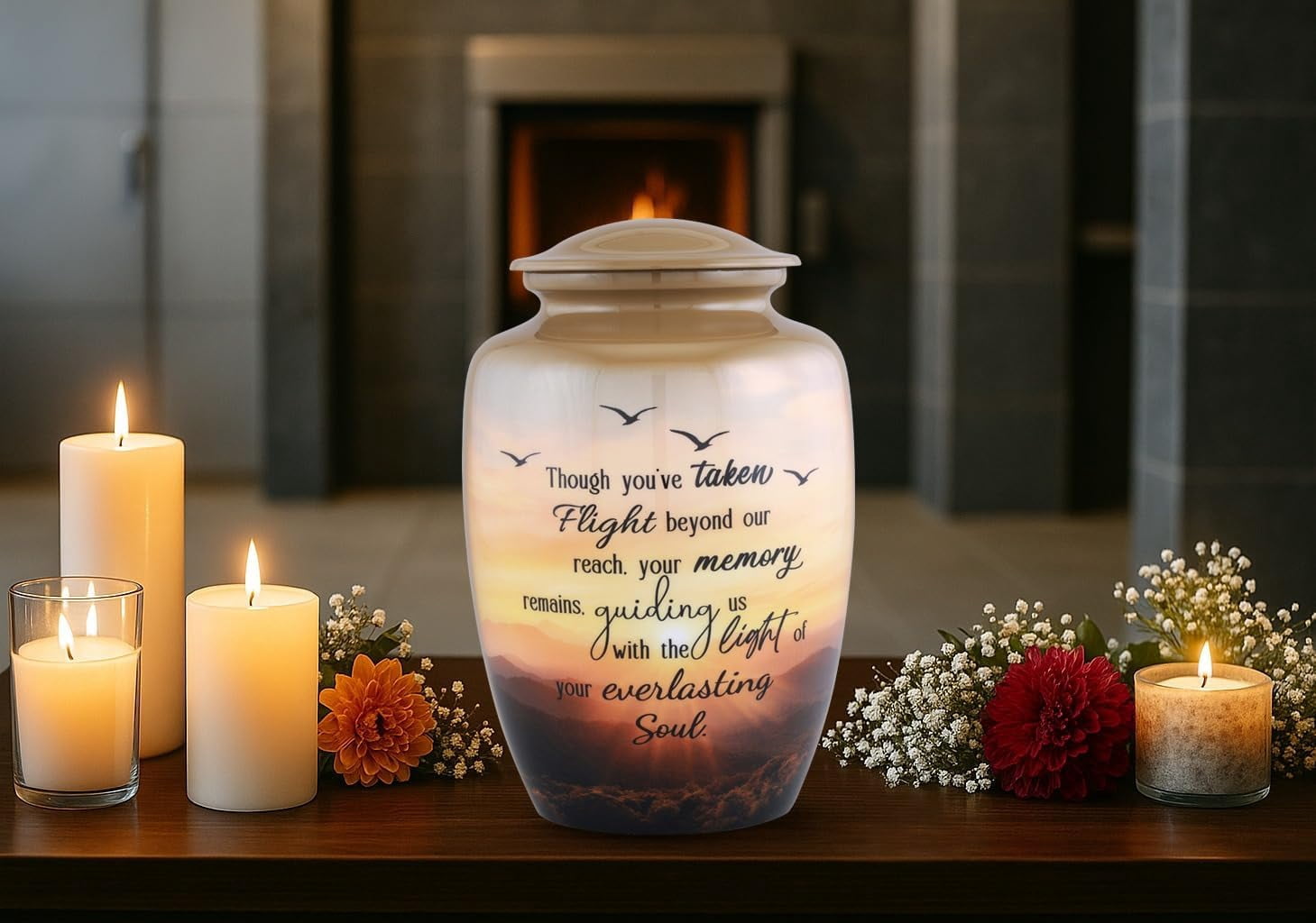 Soulful Flight Cremation Urn for Adult Ashes Sunset Memorial Urn with Birds Large Metal Funeral Urn for Human Ashes Holds Up to 210 Cu In 6.5x6.5x9.75 Inch