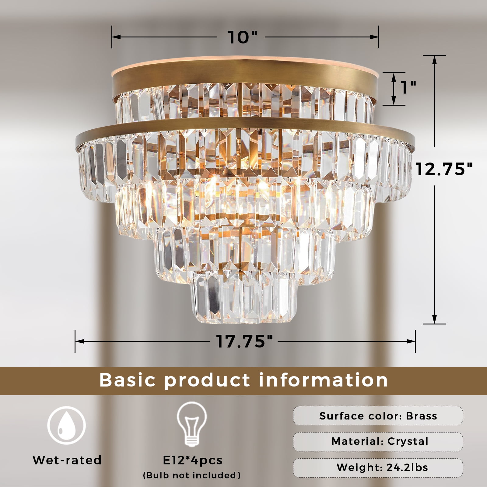 Mordern Round Antique Brass Crystal 17.75 Inch Flush Mount Light, Unique Elegant Semi Flush Mount, Hand-polished Ceiling Light, Close to Ceiling Light for Bedroom, Living Room, Dining Room