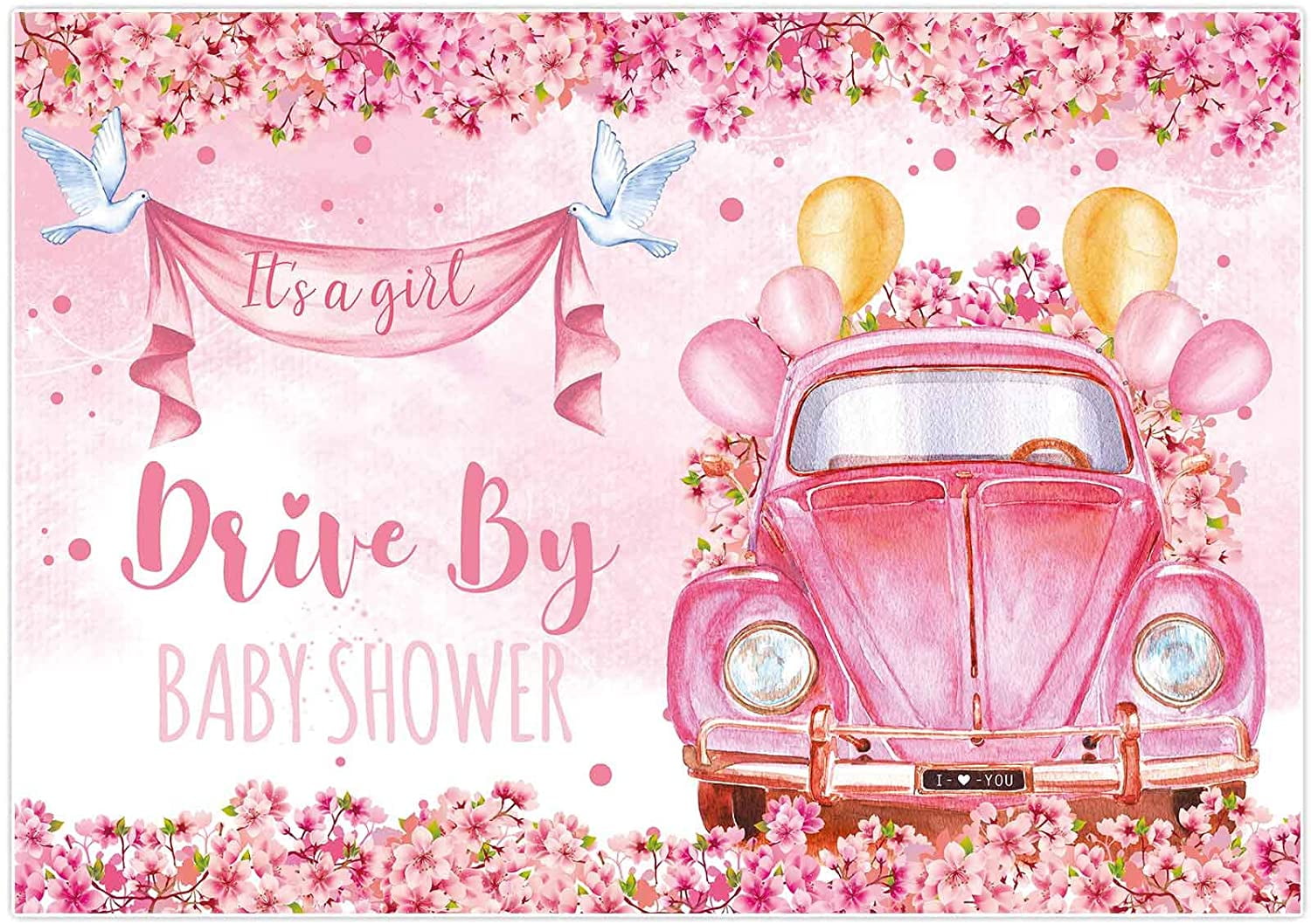 7x5ft Drive by Baby Shower Backdrop Pink Car Balloons Floral It is a