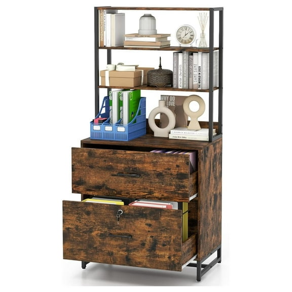 File Cabinet, 2 Drawer File Cabinet with Open Shelves & Anti-toppling Device, Industrial Lateral File Cabinet with Lock for Letter Size File Folders, Rustic Large Printer Stand, Rustic Brown
