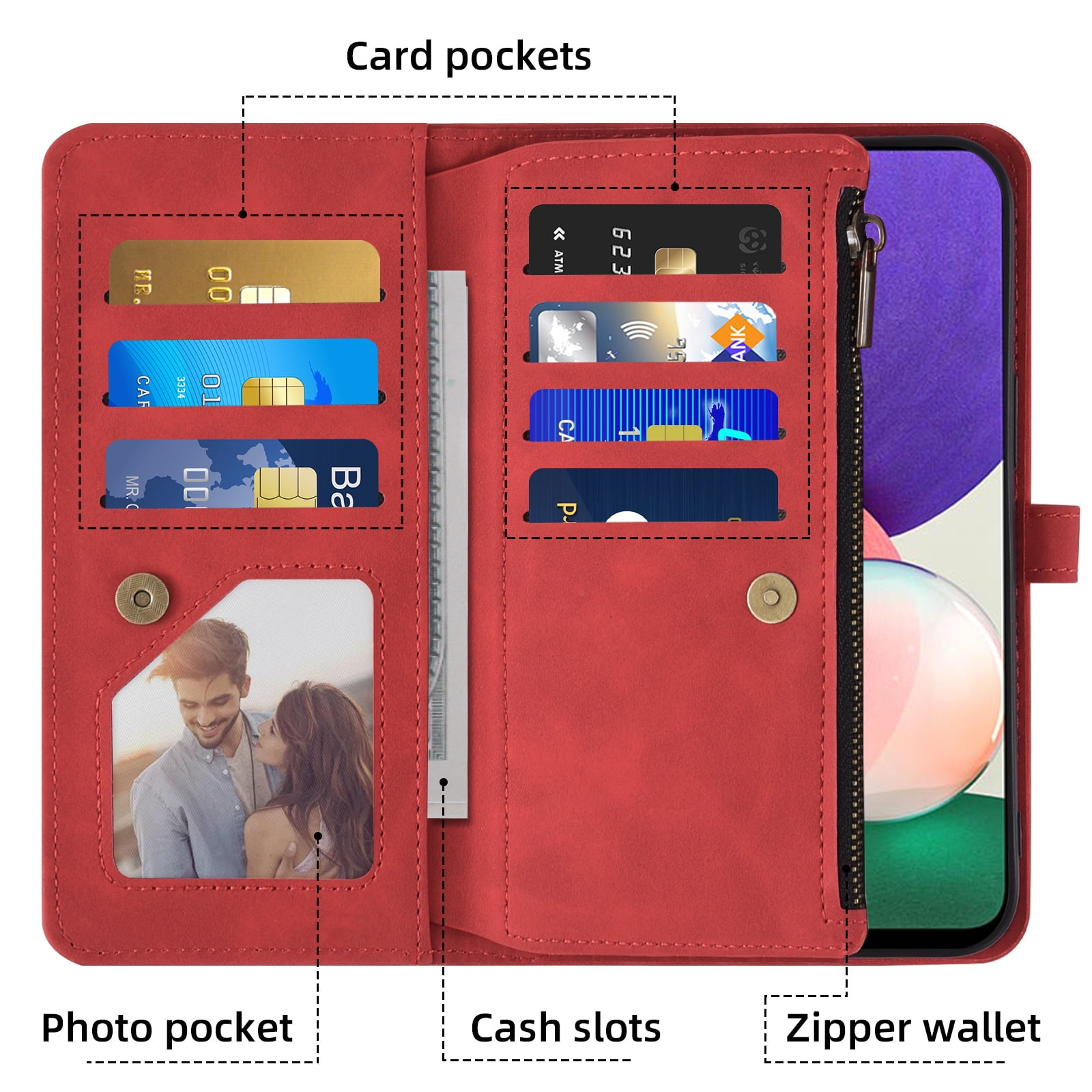 Asuwish Phone Case for Samsung Galaxy A22 5G Wallet Cover With Tempered Glass Screen Protector Crossbody Wrist Strap Flip Pattern Zipper Credit Card Holder Stand Cell A 22 22A A22s G5 Women Men Red