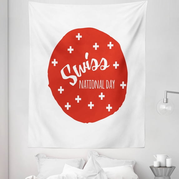 Switzerland Tapestry, Monochrome Swiss National Day Themed Abstract Composition Hand Drawn, Fabric Wall Hanging Decor for Bedroom Living Room Dorm, 5 Sizes, Vermilion and White, by Ambesonne