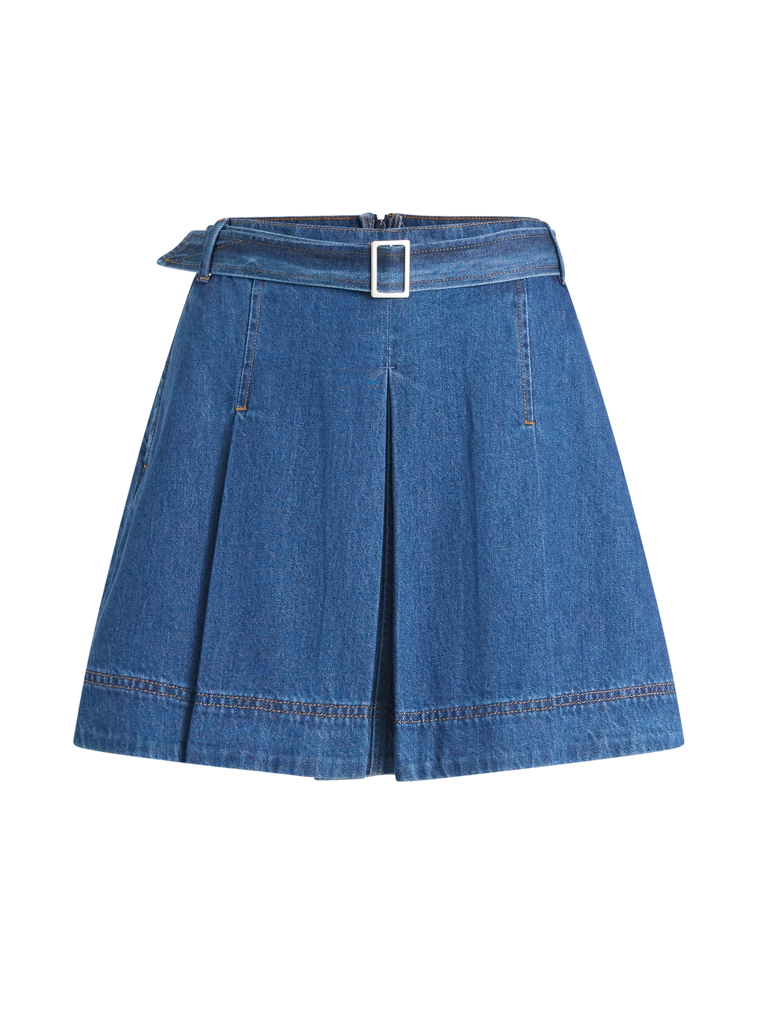 Free Assembly Women's Pleated Denim Mini Skirt with Belt, Sizes 0-20