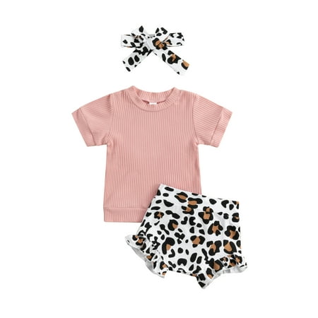 

Suanret 3Pcs Newborn Infant Baby Girls Clothes Short Sleeve T-shirt Tops Leopard Print Shorts Headband Outfits Pink 6-12 Months