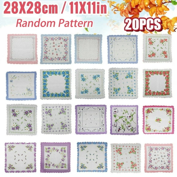 20 Pcs Women's Handkerchiefs, Cotton Material, Vintage Floral Pocket Squares. (Random pattern)