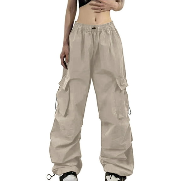 UJNDER Women's Summer Cargo Parachute Pants Loose Fit Street Style with Pockets Beige L