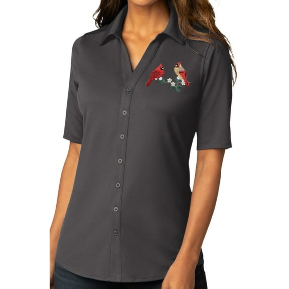 Womens Cardinal Couple on Branch Button-Down Stretch Shirt, Large Graphite Gray