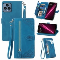 Nalacover Zipper Wallet Case for T-Mobile REVVL 6 5G/T Phone 5G with Handbag Wrist Strap, Embossed Pattern Premium PU Leather Cover with Card Slots Holder Magnetic Clasp Kickstand Case, Blue