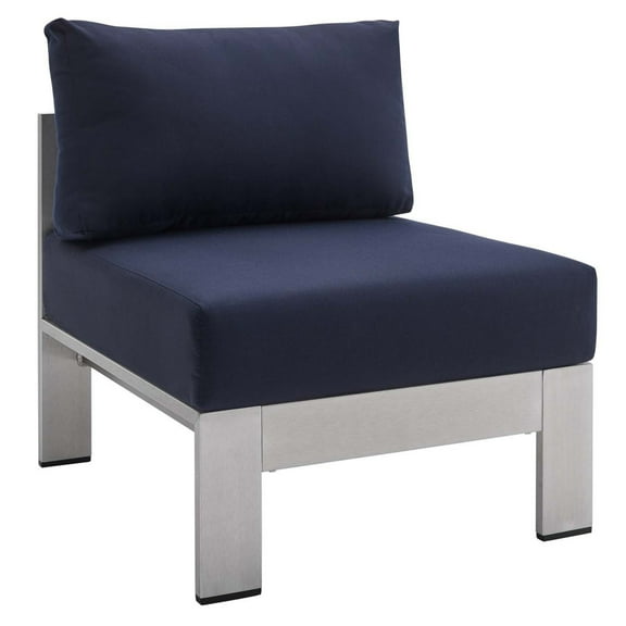 Modway Shore Sunbrella® Fabric Aluminum Outdoor Patio Armless Chair in Silver Navy