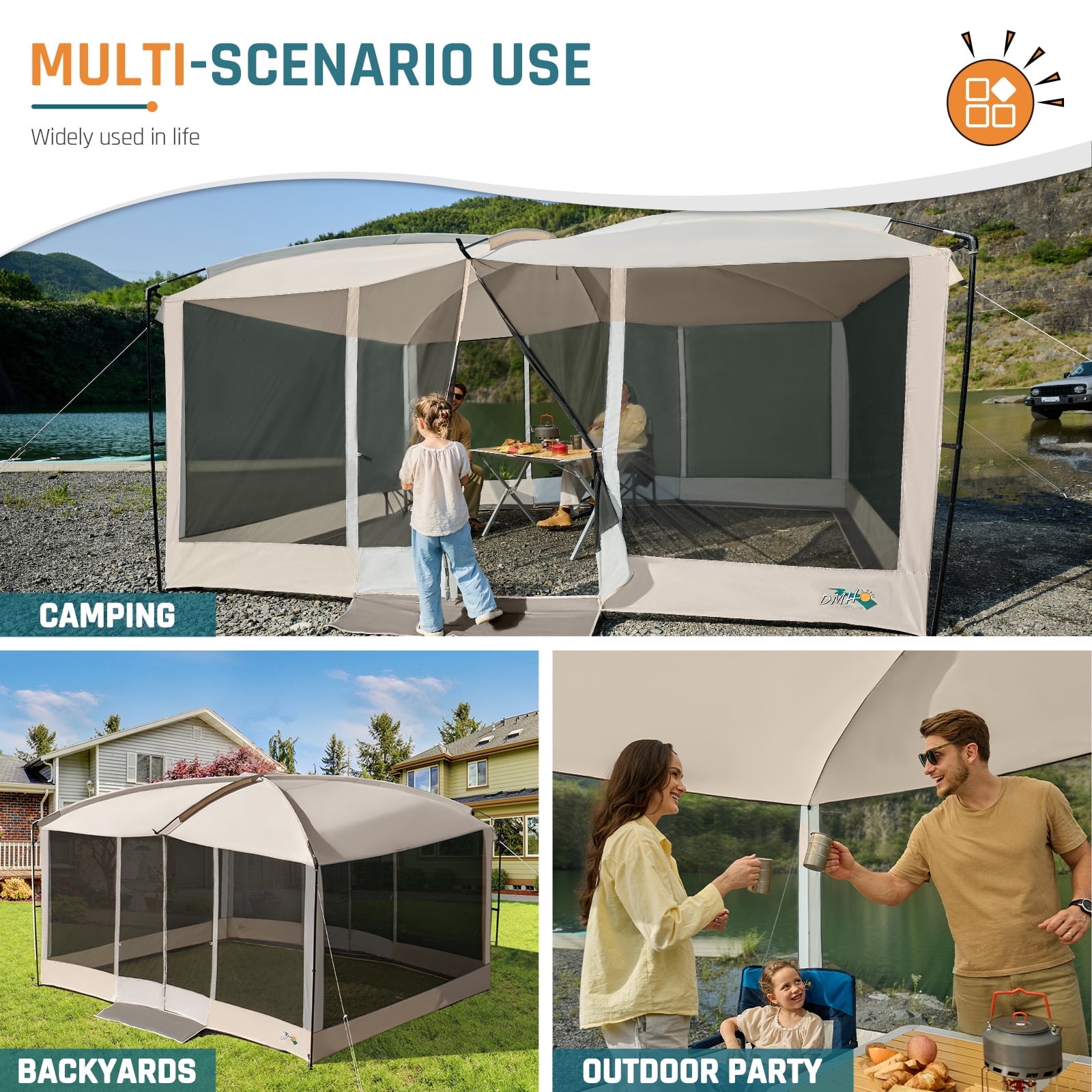 13' x 9' Screen House Tent with Projection Mesh Gazebos Camping Tent for Outdoor Patios Backyards Beige