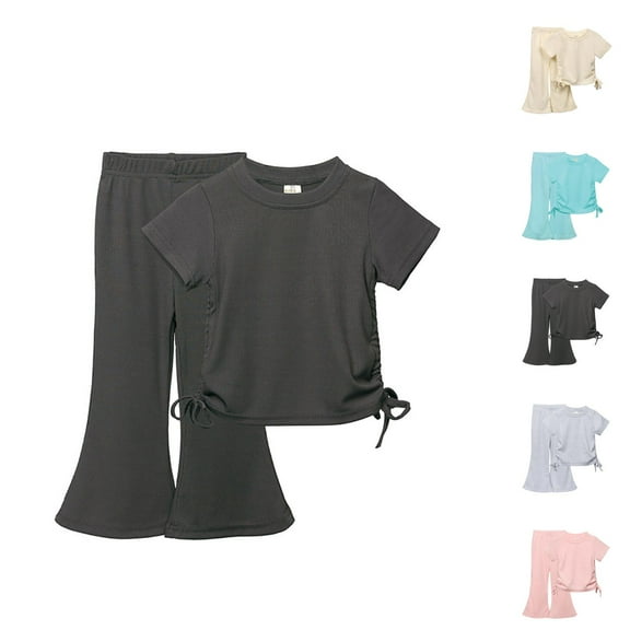 Girls Outfit Girls Clothing Set Girls Clothes Summer Solid Knit Short Sleeve T Shirt Tee Flare Pants Set Toddler Bell Bottoms Outfit