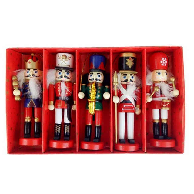5pcs 12cm Wooden Nutcracker Puppet Drawing Walnuts Soldier Pendant Decoration Christmas Tree Hanging Ornament. A set of five wooden nutcracker soldier ornaments in vibrant colours, each with unique designs, displayed in a red box with individual compartments. These 12cm tall decorations feature attached ropes for easy hanging on Christmas trees, doors, windows, or walls, making them ideal for indoor and outdoor holiday decor.