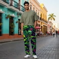 thumbnail image 4 of Men's pajama pants with a creepy neon skeleton and skull graphic print， soft home pajama pants， casual and comfortable loose fit pajama pants， elastic waistband, 4 of 10