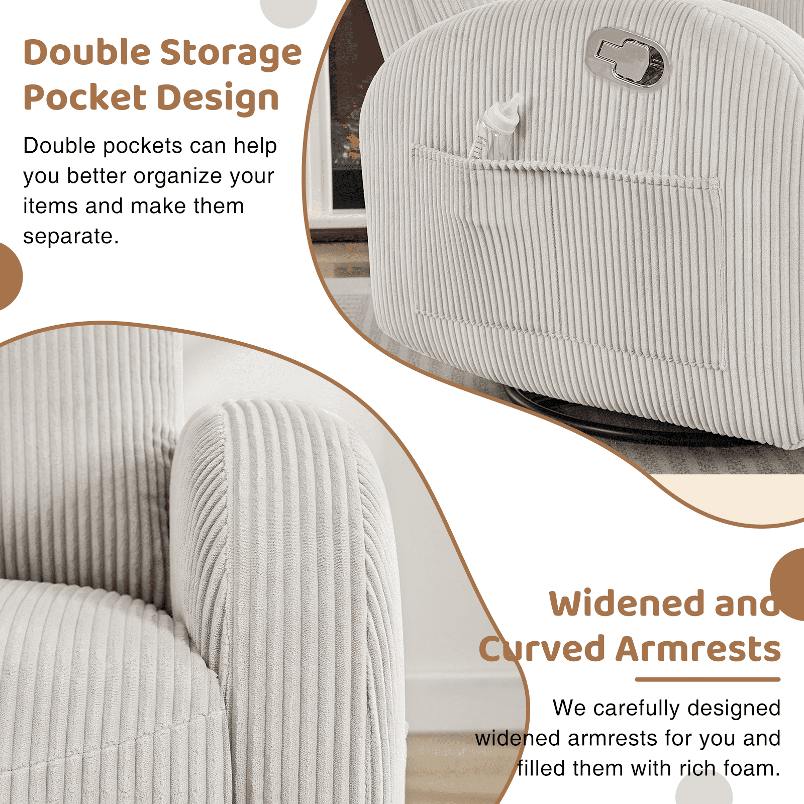 Aemeios Corduroy Swivel Rocker Glider Manual Recliner Nursery Rocking Chair with Double Pockets, Camel