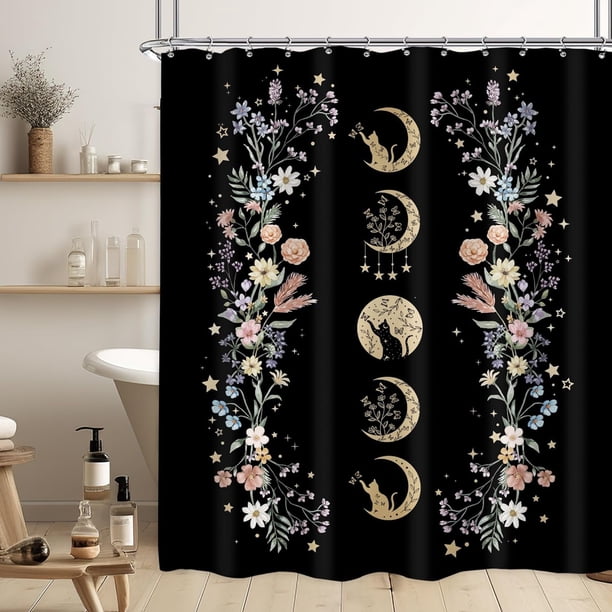 Cortina de ducha con diseño de fases lunares, juego de baño de 60 x 71 pulgadas, diseño de hadas, brujas, flores silvestres, gatos, hojas florales, botánicas, cielo estrellado, accesorios de baño,