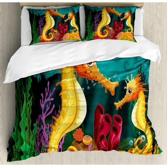 Underwater King Size Duvet Cover Set, Two Seahorses under the Sea near the Seaweeds Image Underwater Habitat Theme, Decorative 3 Piece Bedding Set with 2 Pillow Shams, Multicolor, by Ambesonne