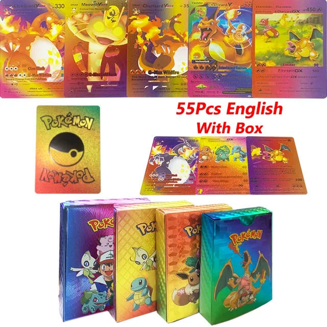 Colorful Card Gold Silver Black Diamond Spanish English French German Cards Metalicas Charizard Vmax Gx Game Cards Box