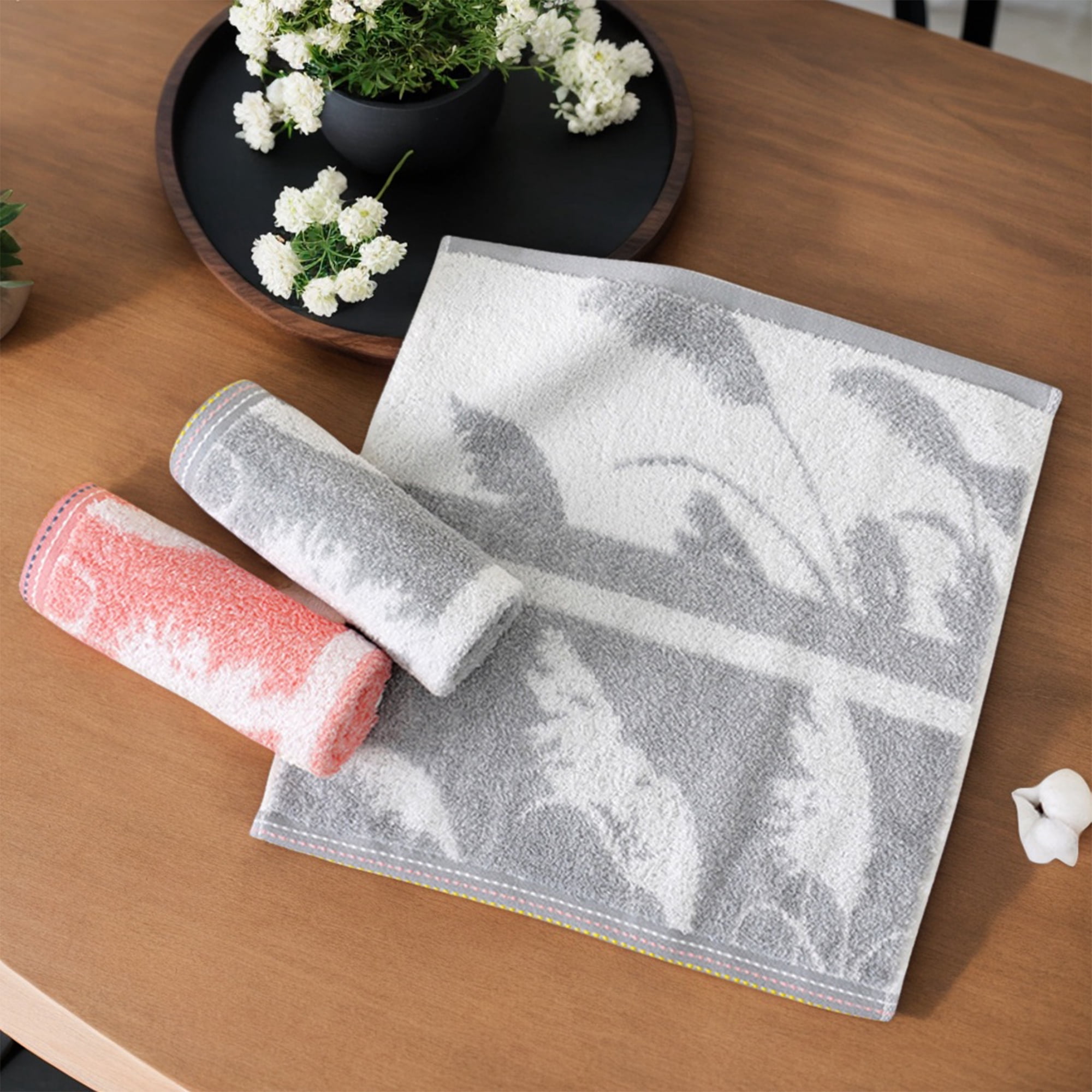 Unique Bargains Plant Pattern Soft Absorbent Cotton Hand Towels Grey 4 Pcs