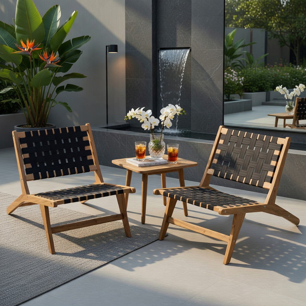 Hommoo Indoor & Outdoor Teak Wooden Chair with Woven Webbing Seat and Ergonomic Backrest, Lightweight & Weather-Resistant Patio Seating, Natural + Black