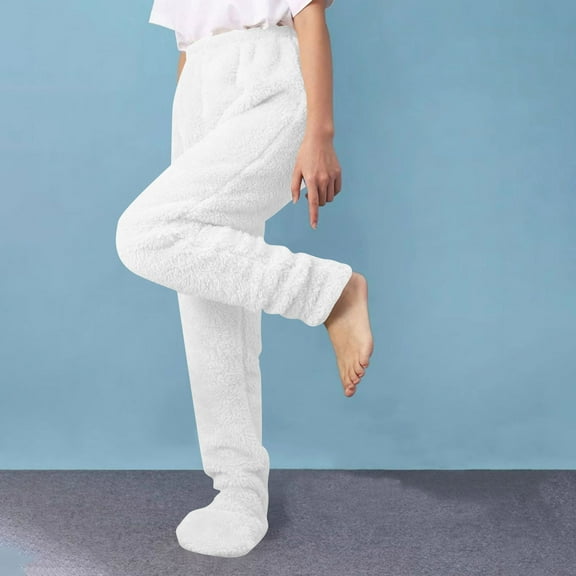 Women's Winter Fuzzy Pajama Pants Cozy Drawstring Thick Warm Loungewear Bottoms Trousers Fleece Sleepwear Homewear White S
