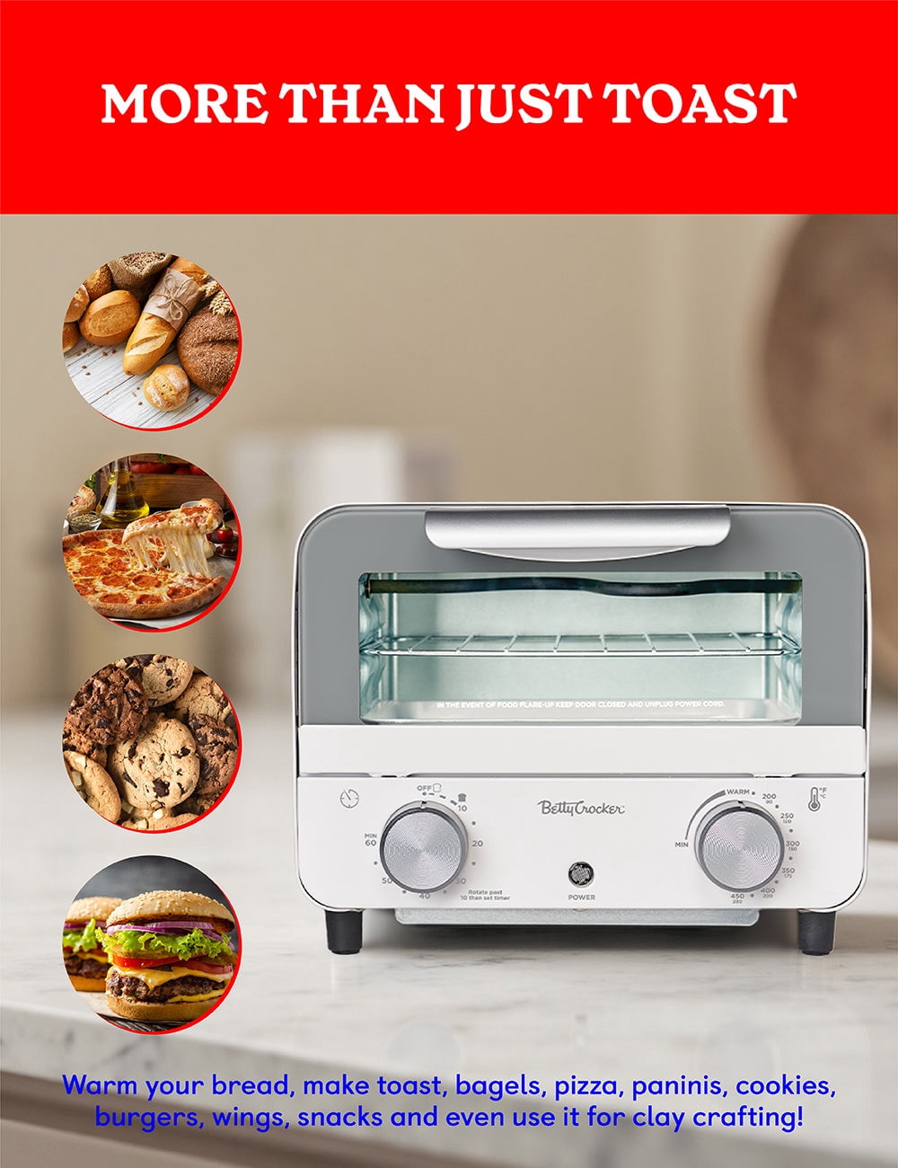 Betty Crocker Mini Toaster Oven, Compact Countertop Oven for Dorms, RVs, Apartments, 7-Liter Capacity, 750W, Adjustable Timer, Includes Baking Tray & Rack, BC-5629W, White/Gray