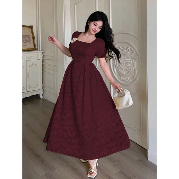 Burgundy Womens Square Neck Puff Sleeve Fit & Flare Midi Dress With 3D Floral Embellishment