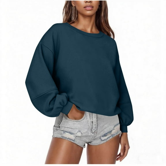 Htigea Womens Crewneck Sweatshirts Casual Loose Fit Tops Thin Fleece Long Sleeve Pullover Sweatshirt Blue S